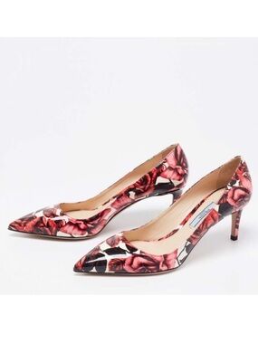 Prada Pink Floral Print Patent Leather Pointed-Toe Pumps Heels Size 37.5 /7.5 US